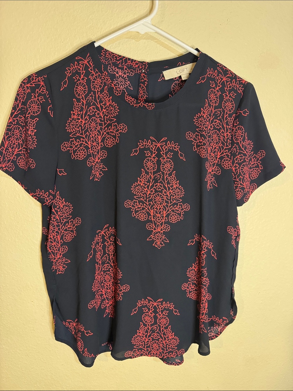 LOFT Navy Top with Coral Floral Print